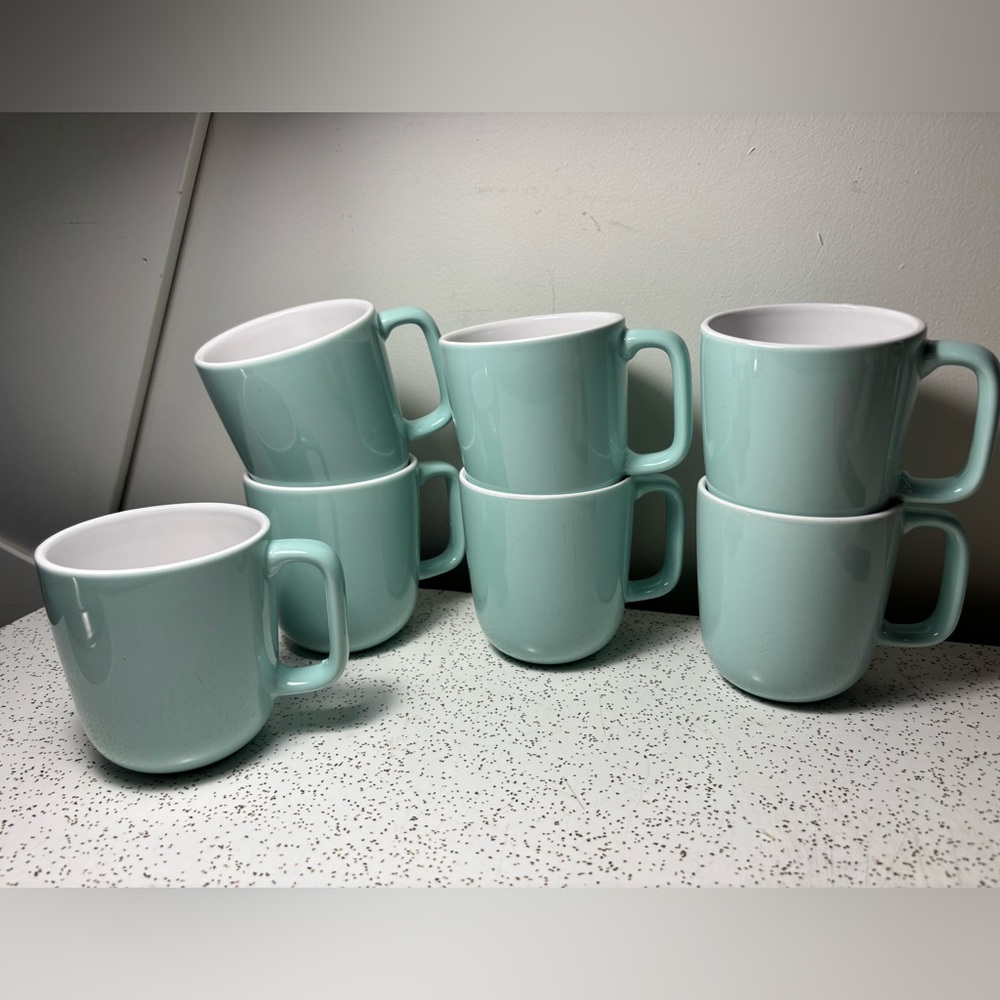 Set of 7 Corelle Coordinates Dahlia stoneware coffee mugs Aqua